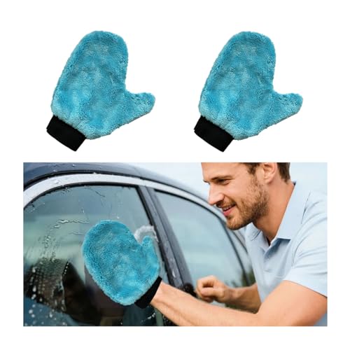 FALVFUN 2PCS Car Wash Mitt, Coral Fleece Microfiber No Scratch Vehicle Wash Gloves with Thumb, Reusable ＆ Washable Automotive Washing Tool Accessories, Universal for Truck SUV Sedan (Sky Blue)