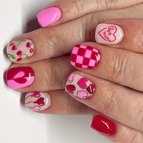 24 個バレンタインデー付け爪ハートアクリルネイルフルカバー爪にスティックショートスクエアプレス女性のための爪