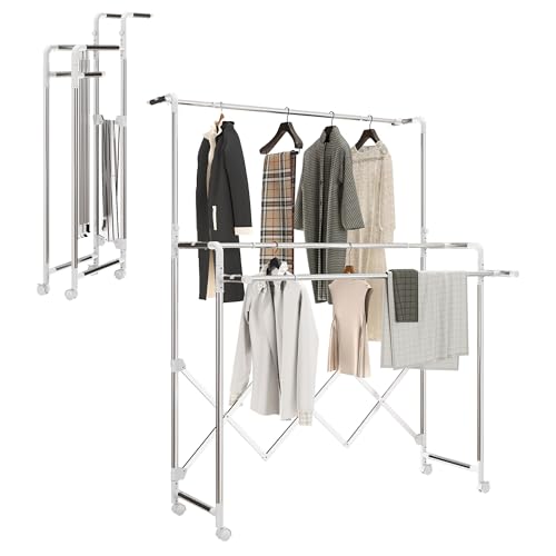 HOMCOM Séchoir à Linge Pliable étendoir Linge intérieur à 3 Barres réglables et 4 roulettes seche Linge etendoir en Acier Inoxydable 104-150 x 103 x 145-197 cm Argent