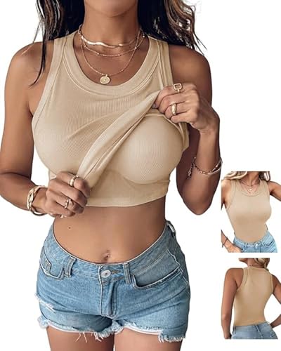 Image of CHICME Women Built-in Bra Tank Tops Sleeveless Casual Shirts Racerback Ribbed Fitted Tank Tops