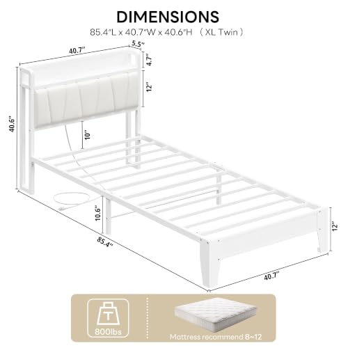Image of LIKIMIO Twin XL Bed Frames, PU Leather Storage Headboard with Charging Station, Solid and Stable, Noise Free, No Box Spring Needed, Easy Assembly, White