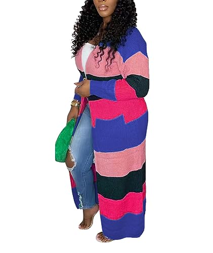 Image of SOMTHRON Women's Fall Cardigan Sweater Open Front Color Block Striped Knit Long Draped Coat Duster Outerwear