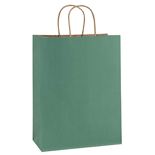 BagDream 25Pcs Gift Bags 8x4.25x10.5 Kraft Paper for Gifts, Shopping Retail Merchandise Grocery Sacks, Green Stripes Paper Bags with Handles Bulk Medium