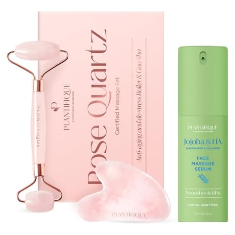 PLANTIFIQUE Rose Quartz Face Roller and Rose Quartz Gua Sha Set and Jojoba Oil & Hyaluronic Acid Face Serum for Gua Sha Massage with Vitamin C, E Niacinamide Cover