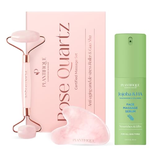 PLANTIFIQUE Rose Quartz Face Roller and Rose Quartz Gua Sha Set and Jojoba Oi...