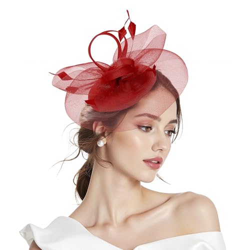 Zando Red Fascinators for Women Red Fascinator for Weddings 2-in-1 Headband Hat with Clip Elegant Hair Accessories for Mother of the Bride & Guest Outfits Royal Ascot Ladies Day & Tea Party