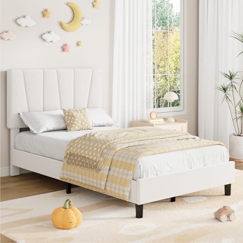GarveeHome Twin Size Bed Frame with Adjustable Headboard, Linen Upholstered Twin Platform Bedframe with Strong Wooden Slats, Mattress Foundation, No Box Spring Needed, Easy Assembly Beige Tw