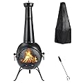 SINGLYFIRE Prairie Fire Outdoor Chiminea Fireplace Deck or Patio Backyard Wooden Fire Pit with Chiminea Cover Rust-Free Iron Black