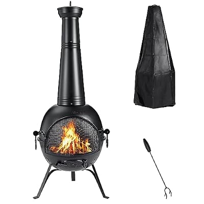 SINGLYFIRE Prairie Fire Outdoor Chiminea Fireplace Deck or Patio Backyard Wooden Fire Pit with Chiminea Cover Rust-Free Iron Black