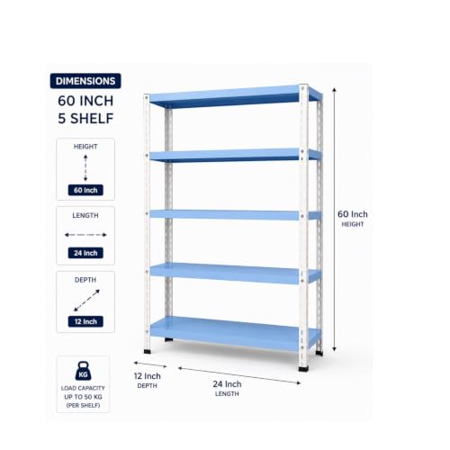 Image of Modern Metal Storage Rack Heavy Duty Organizer Shelf for Home, Kitchen, Living Room, Bedroom Office | Book Shelf, Plant Stand & Display Rackbin (blue White, Large 60H-24-L-12W INCH 5 shelf)
