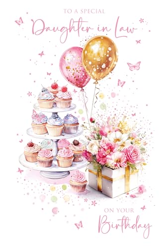 Cherry Orchard Special Daughter in Law Birthday Card - Pretty Flowers, Cupcakes & Balloons design, Beautiful Gold Foil Finish