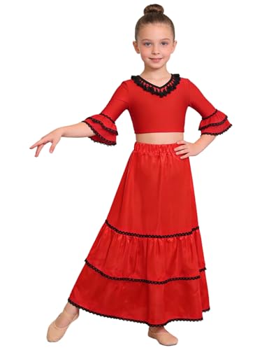 Robe de flamenco enfant fille avec hauts et jupe rouge pour costume de danse espagnole 5-6 ans