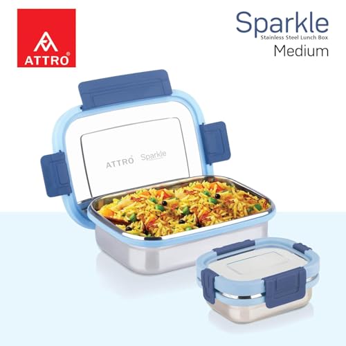 Image of ATTRO Sparkle Medium Stainless Steel Lunch Box 2-Piece Set - 800ml + 150ml - Leak-Proof, BPA-Free, Compact & Durable - Ideal for Kids, Office, Travel - Blue