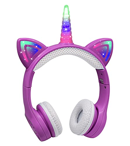 YUSONIC Unicorn Headphones, Bluetooth Headphones for Girls Boys Laptop Tablet, LED Lighting Kids Headphones for Birthday Travel School Gifts (purple)