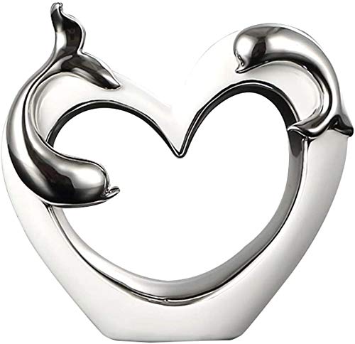 Heart Figurine Statue Ceramic Dolphin On Heart Ornament For Home Office Desktop Statues Wedding Gift #TOP8