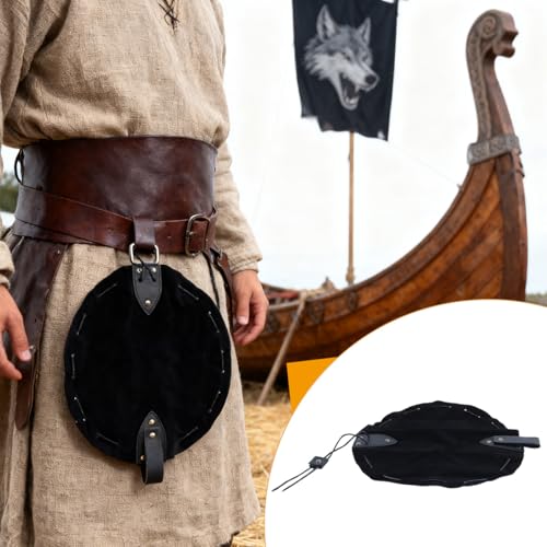 Alide Mittelalterlicher Kordelzugbeutel aus Kunstleder im Vintage-Stil, Kostümzubehör, tragbare Geldbörse aus dem Mittelalter, für LARP Ren Faire (schwarz)