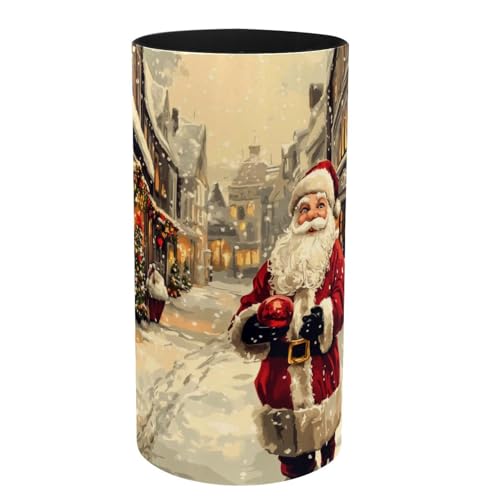 Music Box Pen Holder for Desk,Iron Sheet Leather Pencil Holder for Women,Desktop Stationery Organizers and Accessories Makeup Brush Holder for Office School Supplies Street Santa