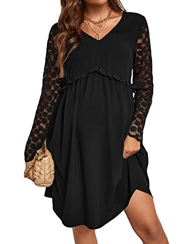 Oyoangle Women's Maternity Long Lace Sleeve V Neck Frill Trim Flared Knee Length Dress Black M #TOP18