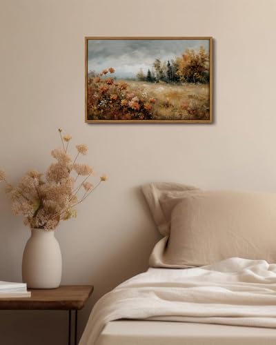 Image of KISSFOX Vintage Framed Wall Art Decor Modern Farmhouse Fall Landscape Pictures Paintings Wall Decor Rustic Autumn Leaves Canvas Art Prints Nature Countryside Artwork For Bedroom Kitchen Living Room