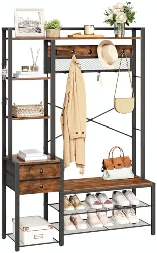 HOOBRO Hall Tree with Storage Bench, 41.7" Coat Rack with Shoe Storage, Entryway Bench with Coat Rack, 3 Storage Cubbies and 2 Fabric Drawers, Coat and Shoe Rack for Entryway, Rustic Brown BF73MT01