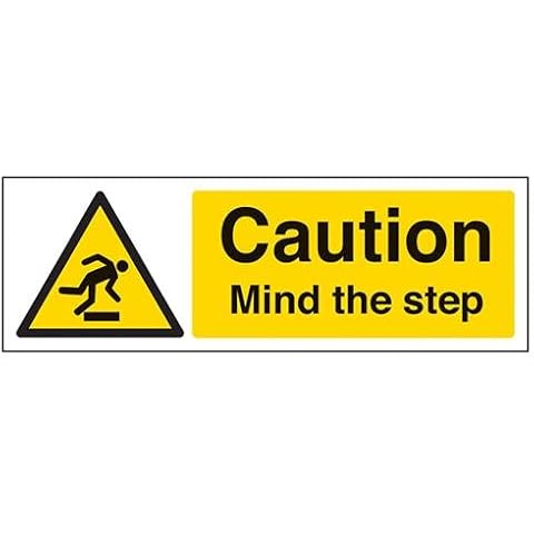 VSafety Caution Mind The Step Sign - Landscape - 300mm x 100mm - Self Adhesive Vinyl Cover