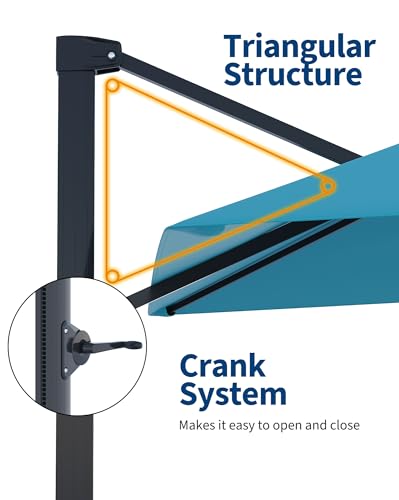 Large Cantilever Patio Umbrella, 10' X 10' Heavy Duty Aluminum Cantilever Offset Outdoor Umbrella with 360-Degree Rotation for Backyard, Deck, Pool, Turquoise Blue