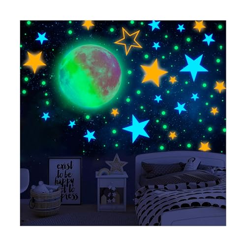 happykau 夜光シール 蓄光星+月+流星 光るウォールステッカー 星シール 蓄光 きらきら 光る窓ステ 星空 きらきら 部屋飾り雰囲気満点 部屋におしゃれ 天丼 装飾品 子供部屋用 (グリーン＋イエロー＋グリーンライト)