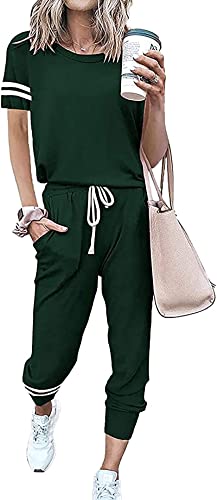 Image of PRETTYGARDEN Women's Two Piece Outfits Striped Short Sleeve Pullover and Long Pants Tracksuit Pajama Lounge Jogger Sets