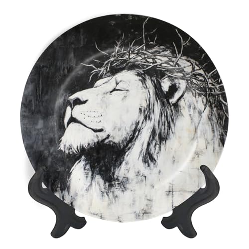 Decorative Plates for Display Lion Judah Cathedral Black White Christianity Crown Thorns Side Gift Plates Ceramic Collections Plates Hanging Artwork for Living Dining Room Kitchen Souvenir
