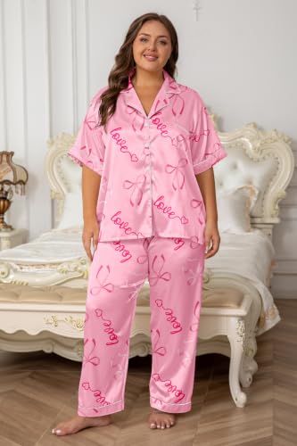 Image of Vozanet Women's Button Down Satin Pajama Sets Silky Short Sleeve Top & Pants Plus Size Loungewear Classic Sleepwear XL to 5XL