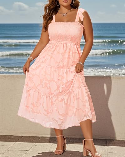 Image of Plus Size Summer Dress - Sun Boho Beach Casual Floral Tiered Smocked Long Maxi Dresses