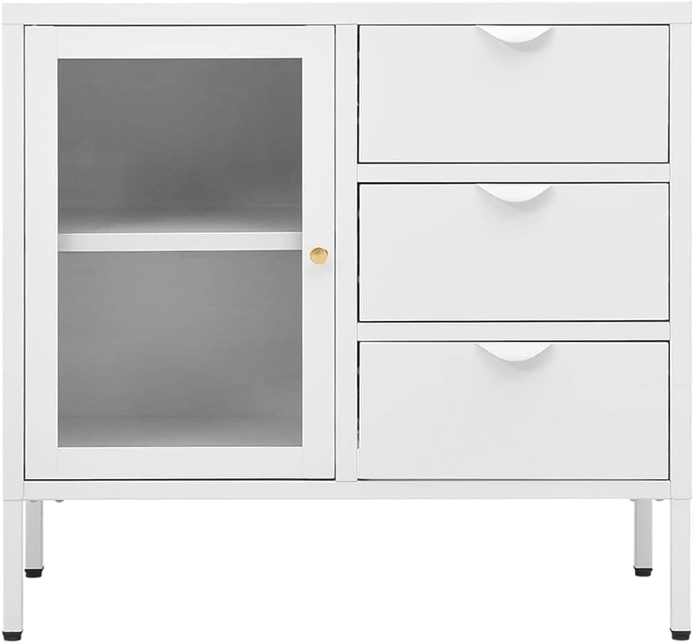 Modern White Steel Sideboard with Adjustable Shelves and Three Drawers for Living Room Bedroom Storage Furniture