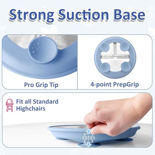 Baby Teller mit Saugnapf,Edelstahl Kinderteller Mit 2 Rutschfesten Saugnäpfen,Babyteller Mit Saugnapf,Edelstahl Saugnapf Teller für Baby, Nicht giftig und BPA-frei, unzerbrechliches Snack-Geschirr