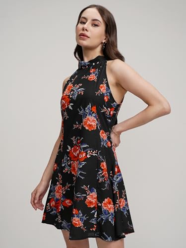 Image of Tokyo Talkies Women's Floral Mini Flared Dress | Halter Neck & Playful Silhouette | Chic & Effortlessly Feminine