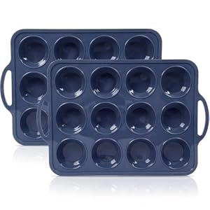 SUPER KITCHEN 2Pack 12 Cup Regular Size Silicone Muffin Trays with Metal Frame, Silicone Cupcake Tray with Handle, NonStick Yorkshire Pudding Tray, Silicon Muffin Moulds for Baking, Muffin Tins, Grey