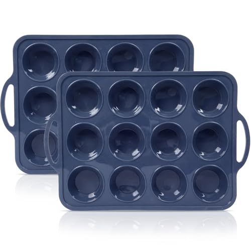 SUPER KITCHEN 2Pack 12 Cup Regular Size Silicone Muffin Trays with Metal Frame, Silicone Cupcake Tray with Handle, NonStick Yorkshire Pudding Tray, Silicon Muffin Moulds for Baking, Muffin Tins, Grey