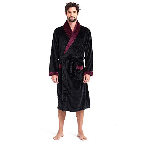 HOLOVE Mens Fleece Hooded Robe Plush Collar Shawl Bathrobe Soft Warm Long Sleeve