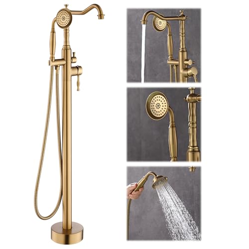 Grifo de bañera independiente, grifo de piso para bañera de baño, grifos de ducha para bañera independientes con rociador manual, acabado brushed gold miniatura 1