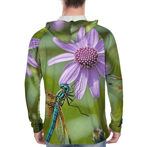 Mens UPF 50+ Sun Protection Hoodie Rash Guard Long Sleeve Sun Shirt Hiking Vintage Flower Plant Dragonfly Fishing Hoodie-3