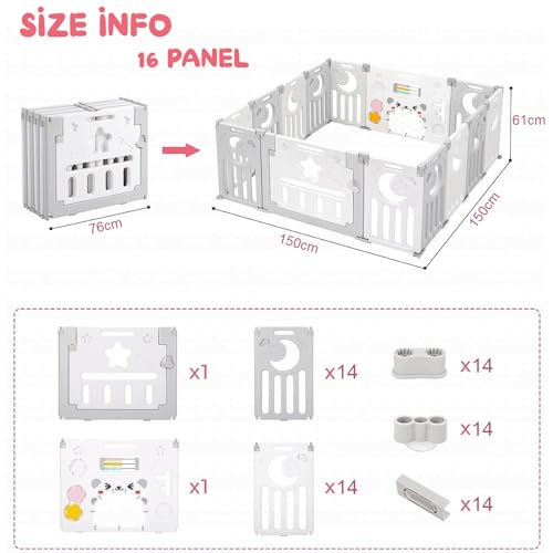 Image of Hukimoyo Large Baby Playpen 16 Panels /30 Sq Ft Play Area Indoor Setup with Mat ,balls | Play Yard for Babies 0-3 Years with Padded Boundary |Indoor Outdoor Toddler , infant fence Activity Center with Safety Door Lock & Suction Cups (5 * 6 FT)