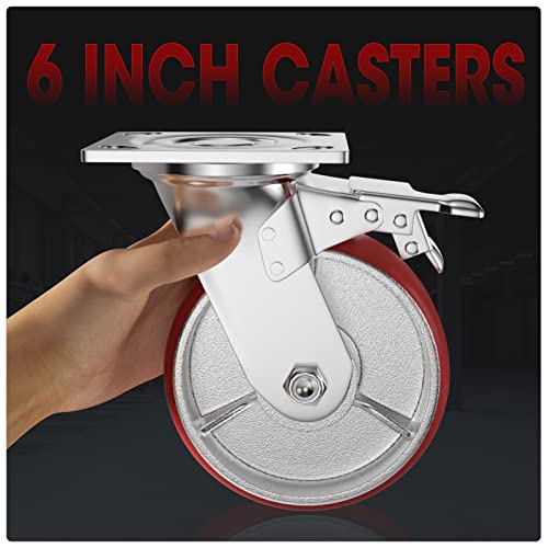 Casters Set of 4 Heavy Duty 6 inch Caster Wheels - ASRINIEY Locking Casters with No Noise Polyurethane on Steel Wheels, Swivel Plate Caster with Brake for Toolbox Workbench, 5000 lbs Total Capacity