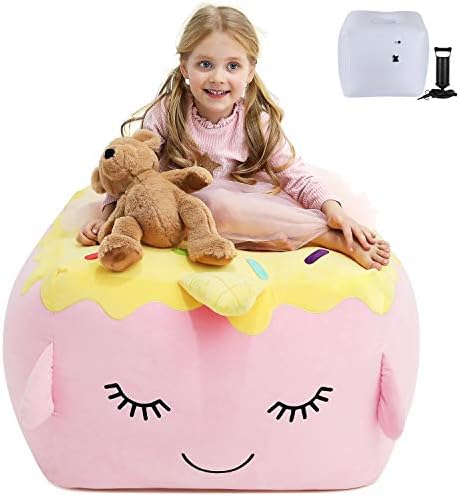 KIDZLIKE Kids Bean Bag Chair with Removable Inflatable Pad Filler,Stuffed Animal Toy Storage and Organizing Clothes Blankets Towels, Room Decor for Girls(with Pad)