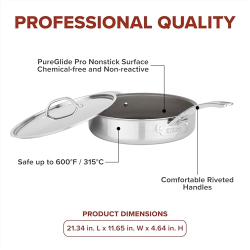 Viking PureGlide Pro 3-Ply Nonstick Sauté Pan with Lid, Made without PFAS, 4.5-Quart Induction Deep Frying Pan with Helper Handle, Metal Utensil Safe Titanium Nonstick Surface, Oven Safe to 600F by Viking - Image 5