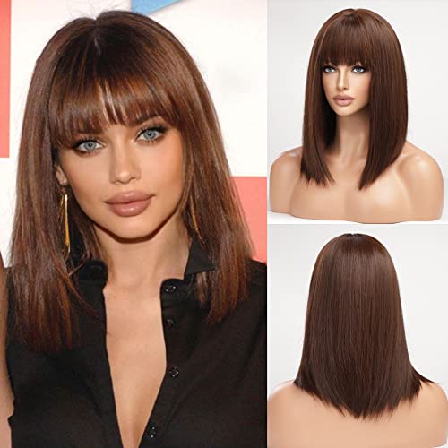 HAIRCUBE Pelucas Marrones Para Mujer Peluca de Pelo Sintético Semilargo Recto Natural con Flecos 16.5 Pulgadas Cover