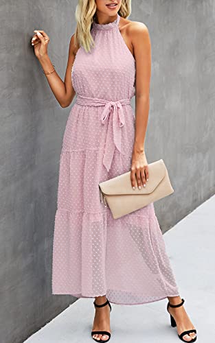 Image of PRETTYGARDEN Women's Halter Neck Floral Long Maxi Dress Casual Sleeveless Backless Dresses Loose Ruffle Sundress with Belt