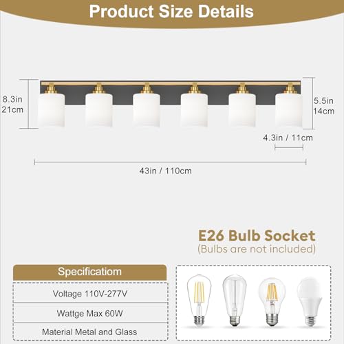Image of Modern Bathroom Lighting Fixtures Over Mirror, Vanity Lights for Bathroom, Wall Sconces with Milky White Glass Shades, E26 Ceramic Socket, 6-Light 43-inch Black and Gold