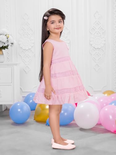 Image of Soft Cotton Lace Work Knee Length Fit & Flare Dress for Kids & Girls, Flower Embellished Frock for Casual & Special Occasion