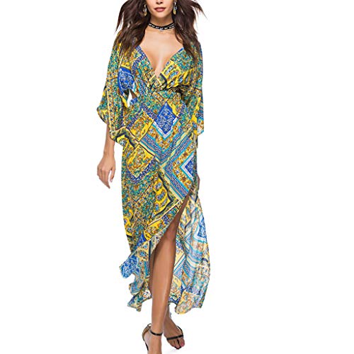 Deep V-Neck Printed Dress,PAOLIAN Women 3/4 Sleeve Backless Side Cutout Casual Bohemian Holiday Maxi Sundress Long Beachwear Yellow