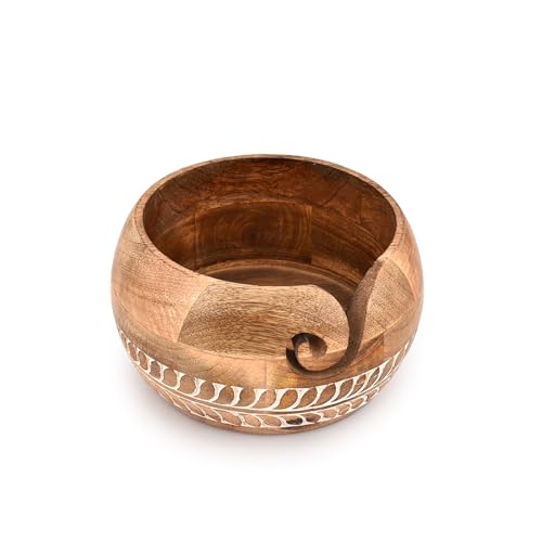 Image of Mahasu Yarn Storage Mango Wood Yarn Bowl for Crocheting Accessories and Supplies Organizer Wool Storage Bowl Round (7 inch x 7 inch x 4 inch)