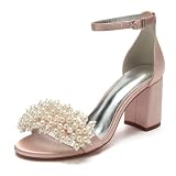 WeFloHsL Sandalias De Novia con Tacón Ancho Y Perlas para Mujer Satén Correa En El Tobillo Punta Abierta Zapatos De Fiesta De Boda 1151-13,Blush,42 EU